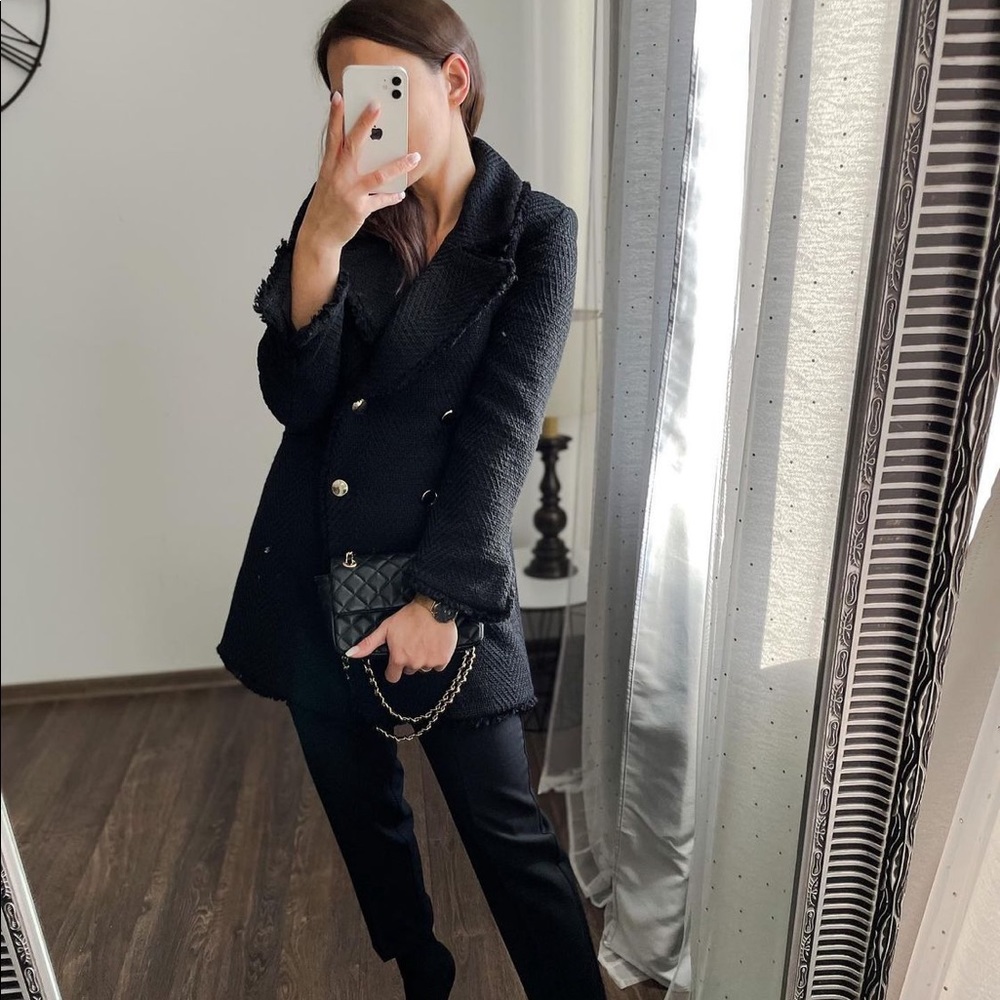 Zara Black Textured Tailored Double Breasted Blazer
